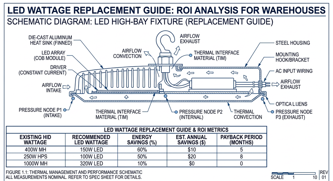 LED wattage replacement guide technical schematic — LED Wattage Replacement Guide: ROI Analysis for Warehouses