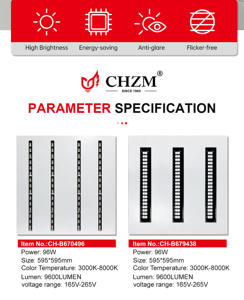 CHZM Anti-Glare LED Grill Panel Light 72W/96W - 595x595mm Recessed Office Ceiling Light - UGR<19 Low Glare Lighting