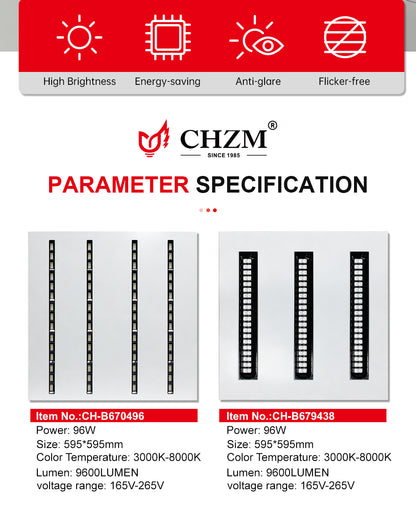 CHZM Anti-Glare LED Grill Panel Light 72W/96W - 595x595mm Recessed Office Ceiling Light - UGR<19 Low Glare Lighting